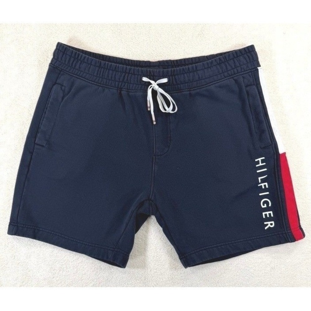 Tommy Hilfiger Mens Navy Blue Logo Sweat Shorts Side Stripe Size L, 7" Inseam‎